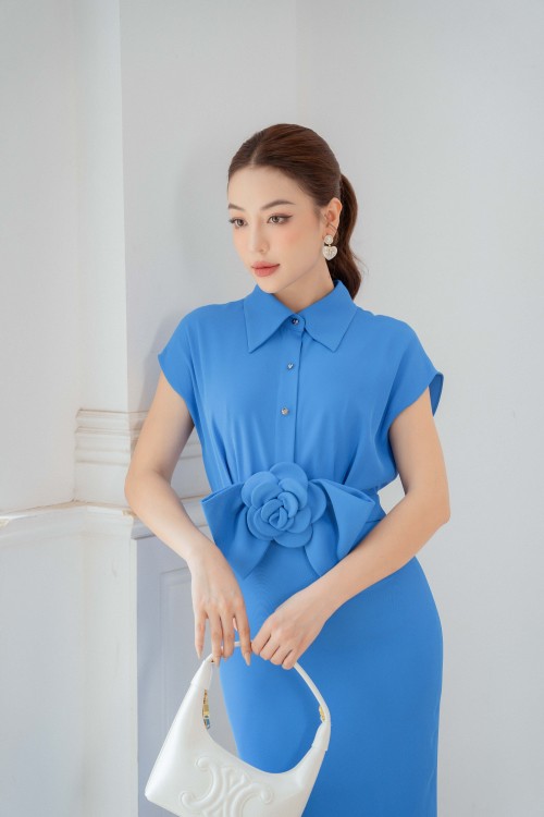 Sixdo Blue Cap Sleeves Midi Silk Dress